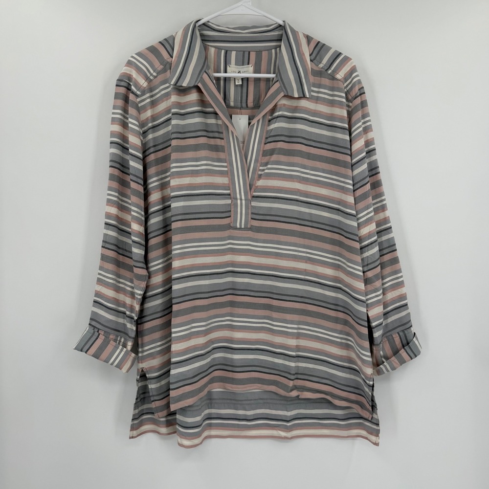 Lou & Grey Striped Split Neck Tunic Top Pink Grey White Viscose 487871 S
